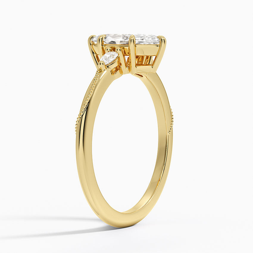 Camellia Three Stone Pear Diamond Ring Yellow Gold 18k Marquise Engagement Ring