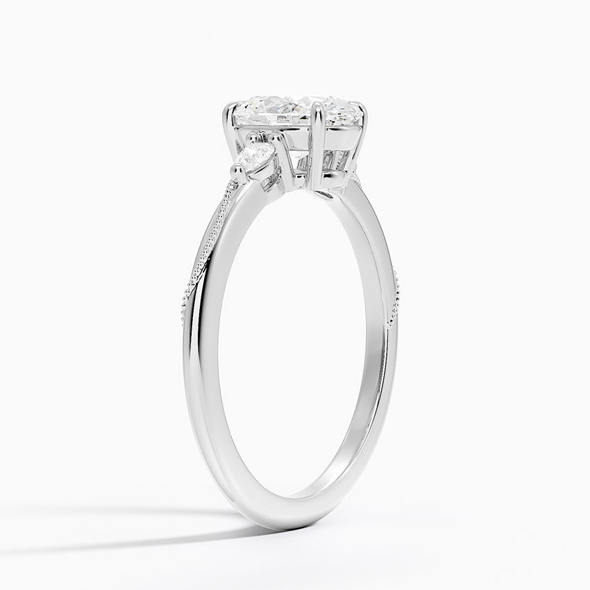 Camellia Three Stone Pear Diamond Ring Platinum Oval Engagement Ring