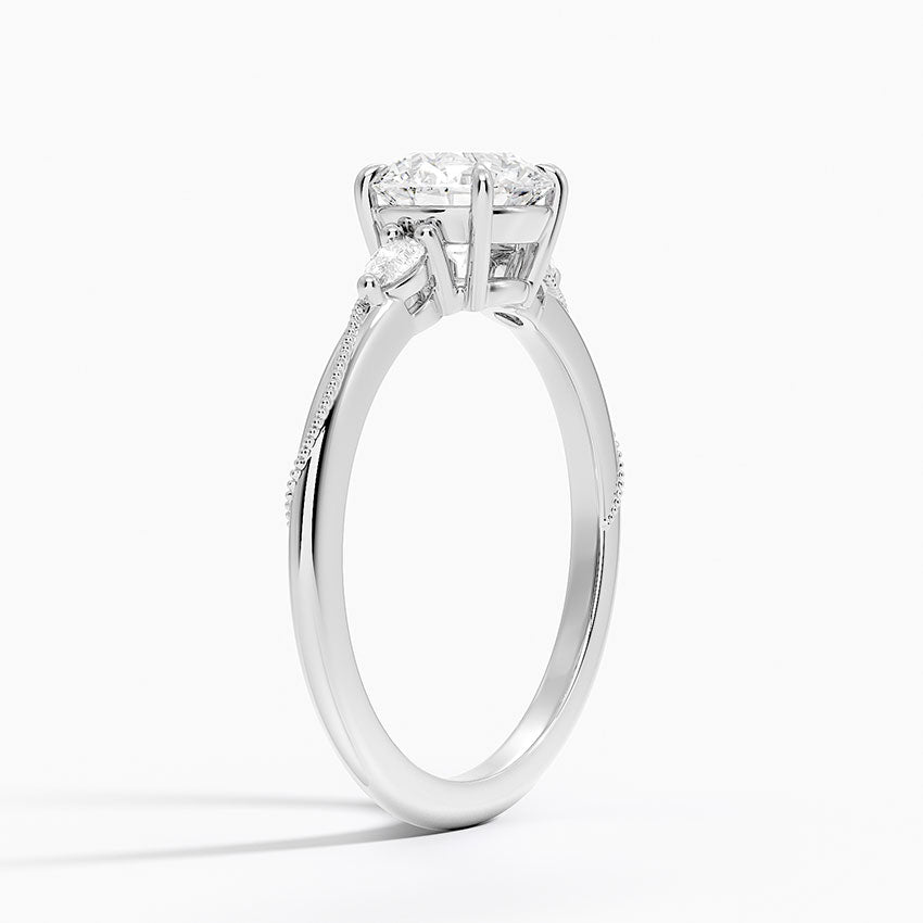 Camellia Three Stone Pear Diamond Ring Platinum Round Engagement Ring