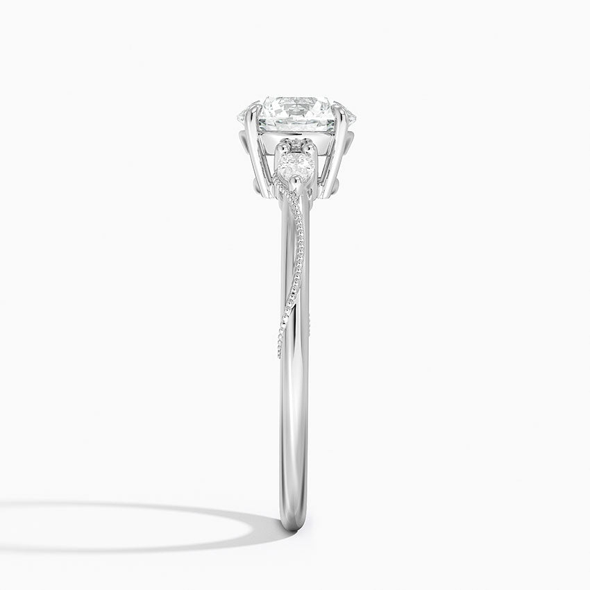 Camellia Three Stone Pear Diamond Ring Platinum Round Engagement Ring