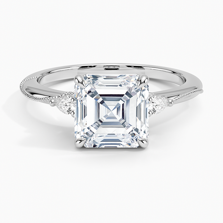 Camellia Three Stone Pear Diamond Ring Platinum Asscher Engagement Ring