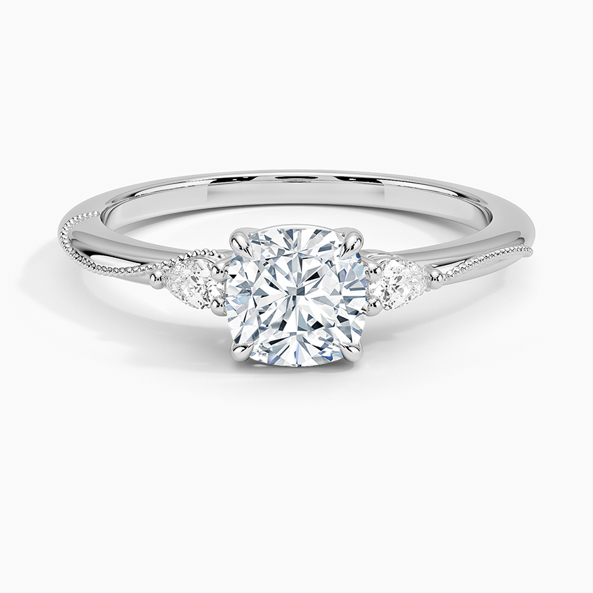 Camellia Three Stone Pear Diamond Ring Platinum Cushion Engagement Ring