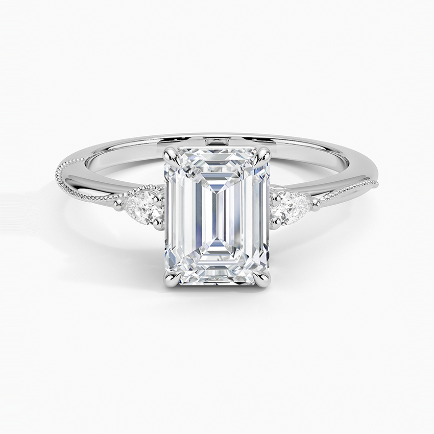 Camellia Three Stone Pear Diamond Ring Platinum Emerald Engagement Ring