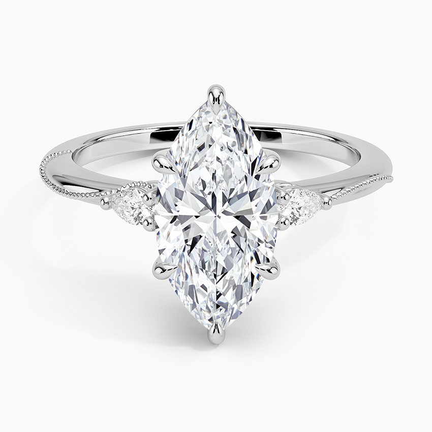 Camellia Three Stone Pear Diamond Ring Platinum Marquise Engagement Ring