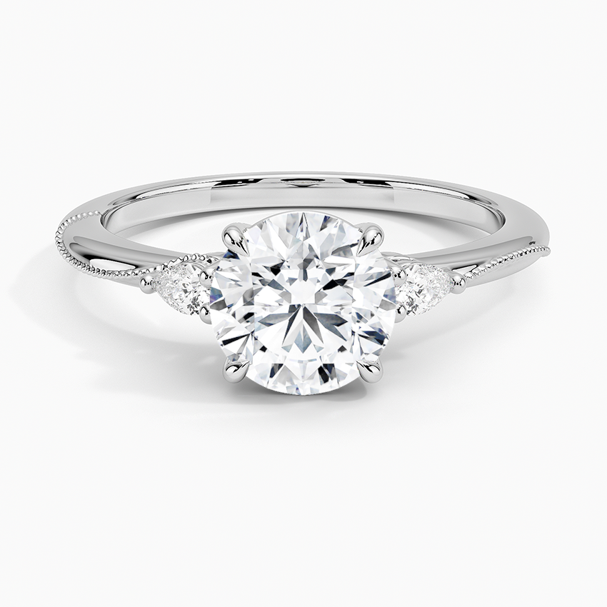 Camellia Three Stone Pear Diamond Ring Platinum Round Engagement Ring