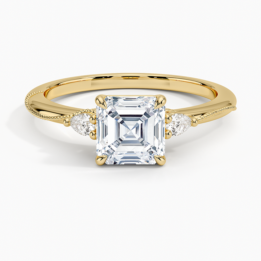 Camellia Three Stone Pear Diamond Ring Yellow Gold 18k Asscher Engagement Ring