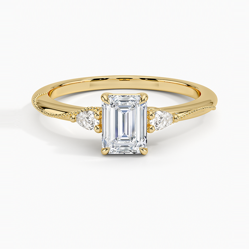 Camellia Three Stone Pear Diamond Ring Yellow Gold 18k Emerald Engagement Ring