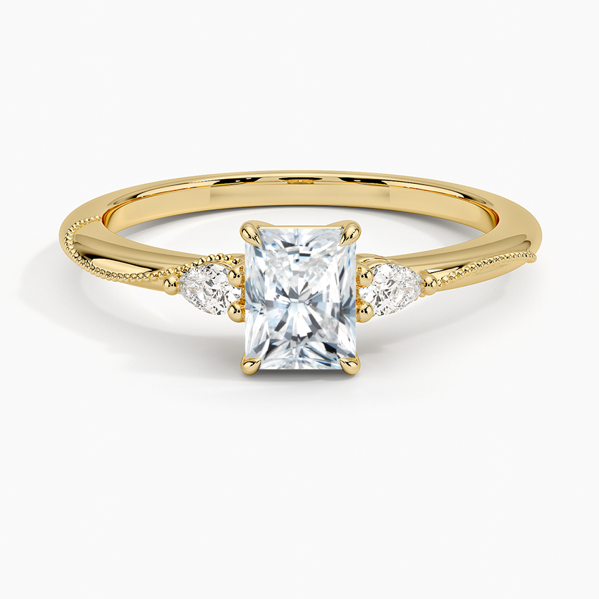 Camellia Three Stone Pear Diamond Ring Yellow Gold 18k Radiant Engagement Ring
