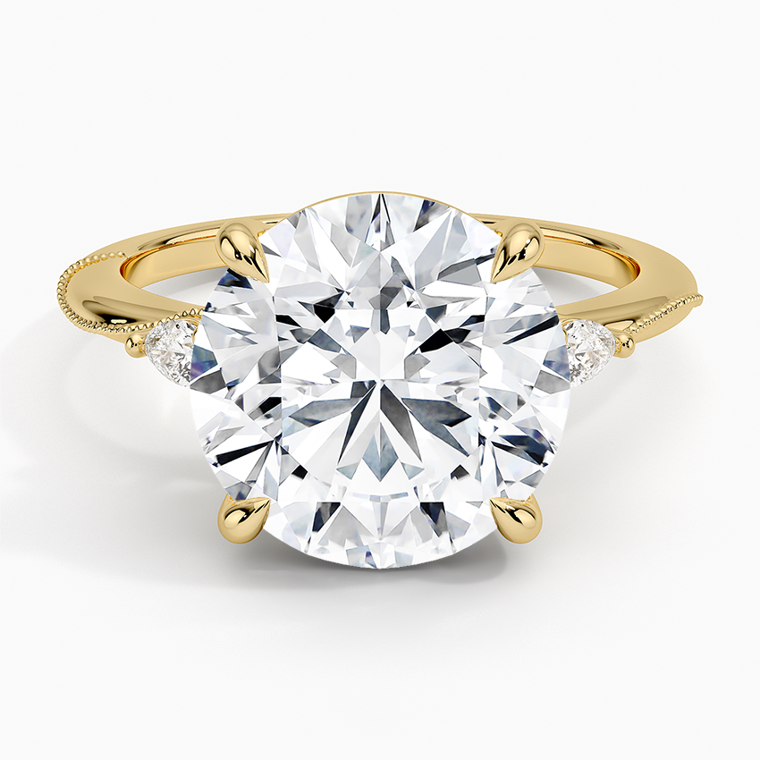 Camellia Three Stone Pear Diamond Ring Yellow Gold 18k Round Engagement Ring