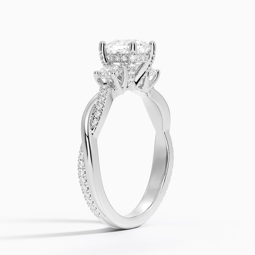Adorned Petite Twisted Vine Three Stone Diamond Ring Platinum Cushion Engagement Ring