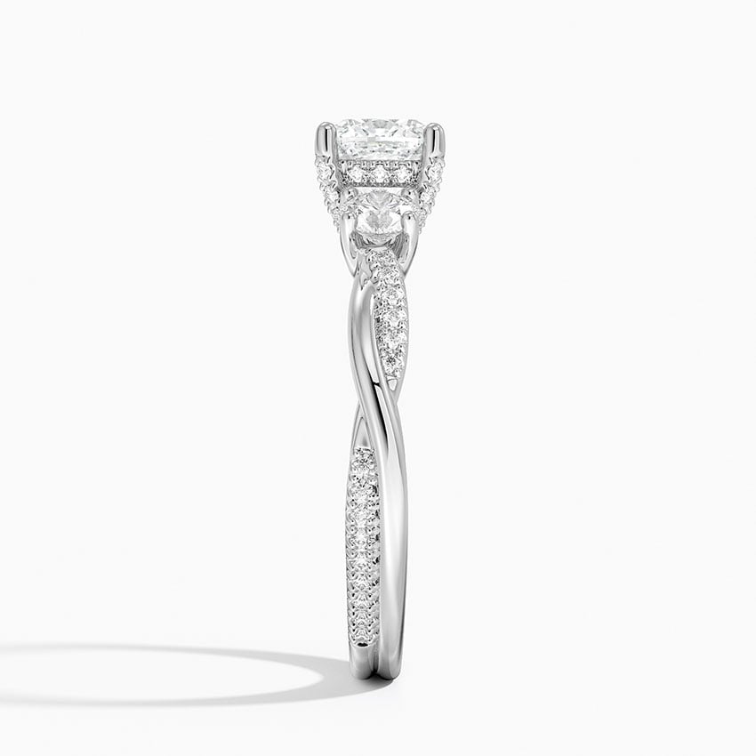 Adorned Petite Twisted Vine Three Stone Diamond Ring Platinum Cushion Engagement Ring