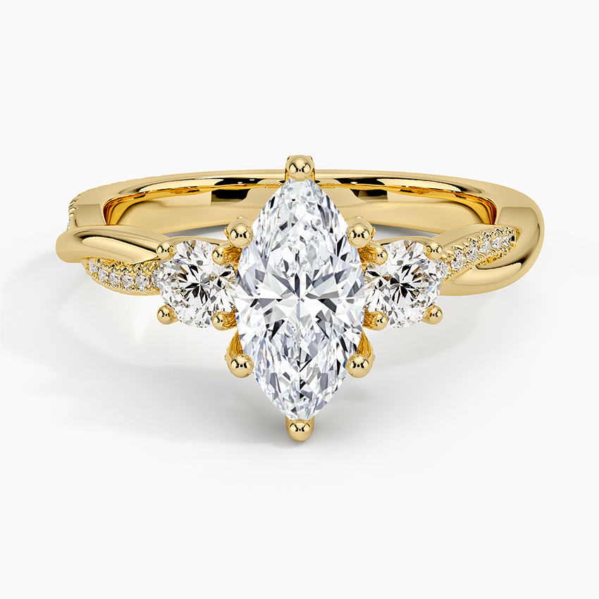 Adorned Petite Twisted Vine Three Stone Diamond Ring Yellow Gold 18k Marquise Engagement Ring