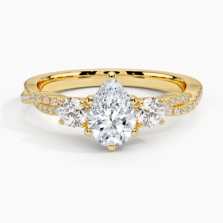 Luxe Three Stone Petite Twisted Vine Diamond Ring Yellow Gold 18k Pear Engagement Ring