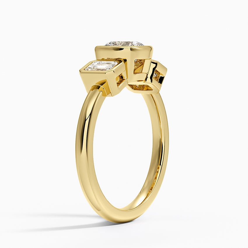 Rhiannon Bezel Three Stone Diamond Ring Yellow Gold 18k Cushion Engagement Ring