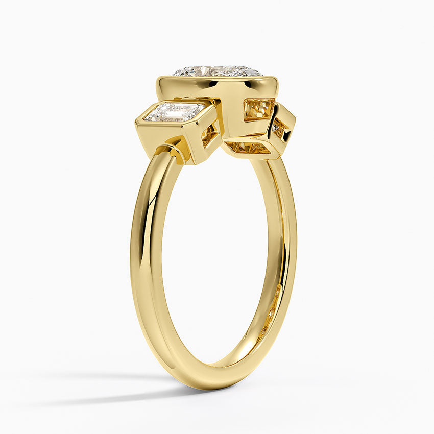 Rhiannon Bezel Three Stone Diamond Ring Yellow Gold 18k Oval Engagement Ring
