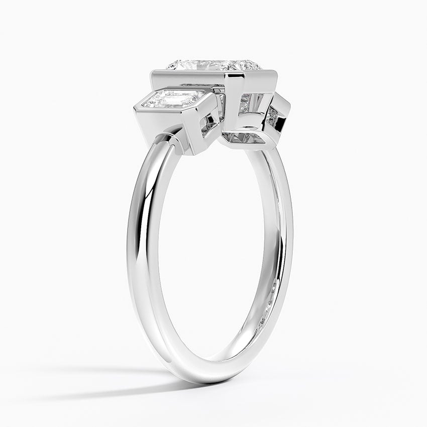 Rhiannon Bezel Three Stone Diamond Ring Platinum Radiant Engagement Ring