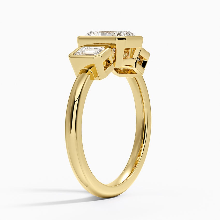 Rhiannon Bezel Three Stone Diamond Ring Yellow Gold 18k Radiant Engagement Ring