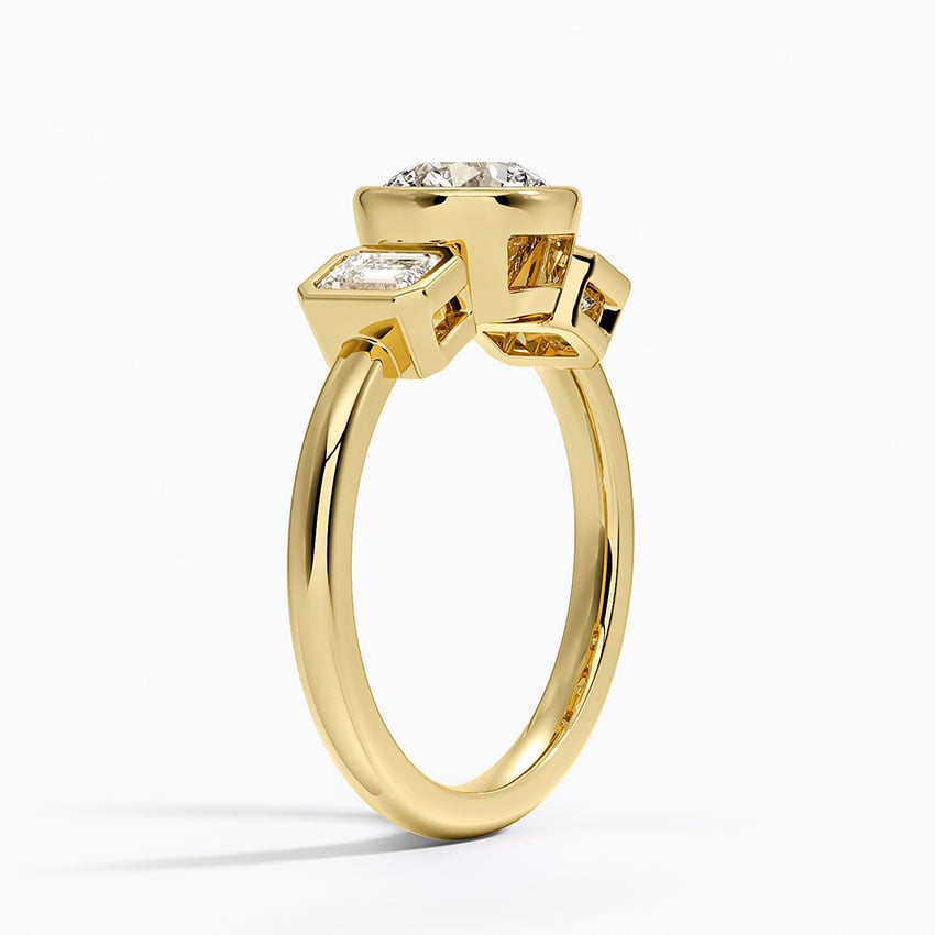Rhiannon Bezel Three Stone Diamond Ring Yellow Gold 18k Round Engagement Ring