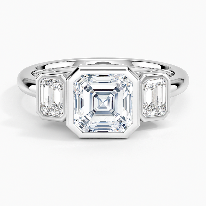 Rhiannon Bezel Three Stone Diamond Ring Platinum Asscher Engagement Ring