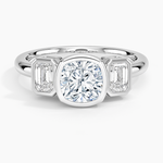 Rhiannon Bezel Three Stone Diamond Ring Platinum Cushion Engagement Ring