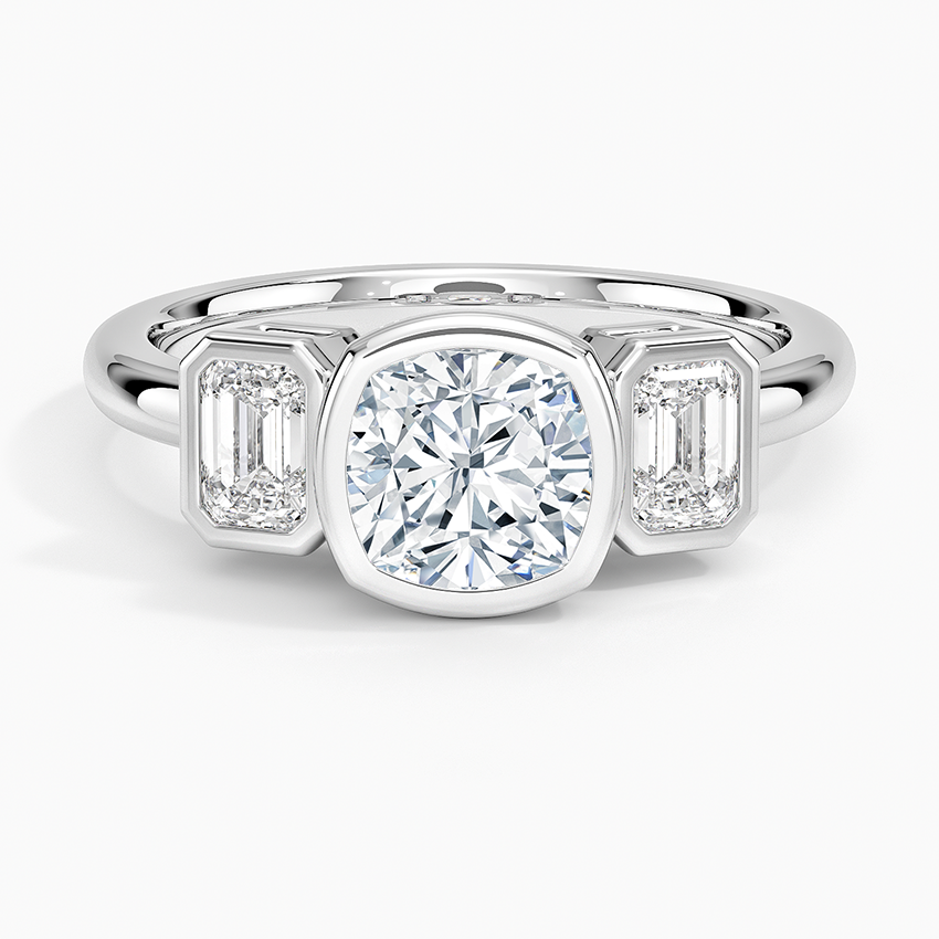 Rhiannon Bezel Three Stone Diamond Ring Platinum Cushion Engagement Ring