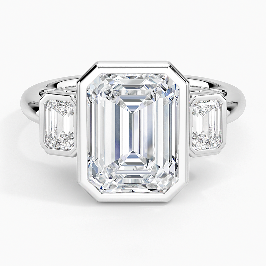Rhiannon Bezel Three Stone Diamond Ring Platinum Emerald Engagement Ring