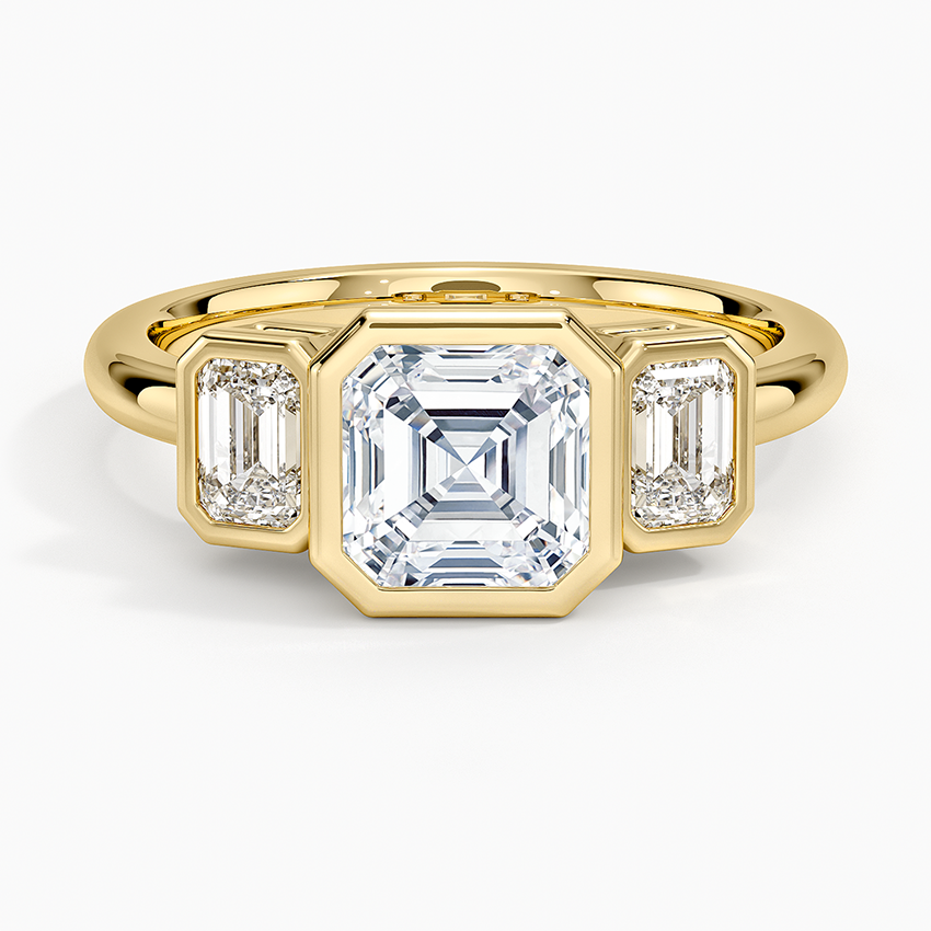 Rhiannon Bezel Three Stone Diamond Ring Yellow Gold 18k Asscher Engagement Ring