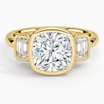 Rhiannon Bezel Three Stone Diamond Ring Yellow Gold 18k Cushion Engagement Ring