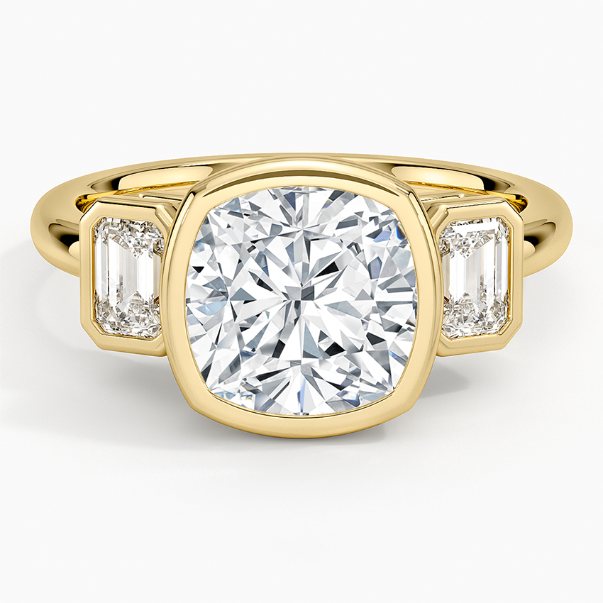 Rhiannon Bezel Three Stone Diamond Ring Yellow Gold 18k Cushion Engagement Ring