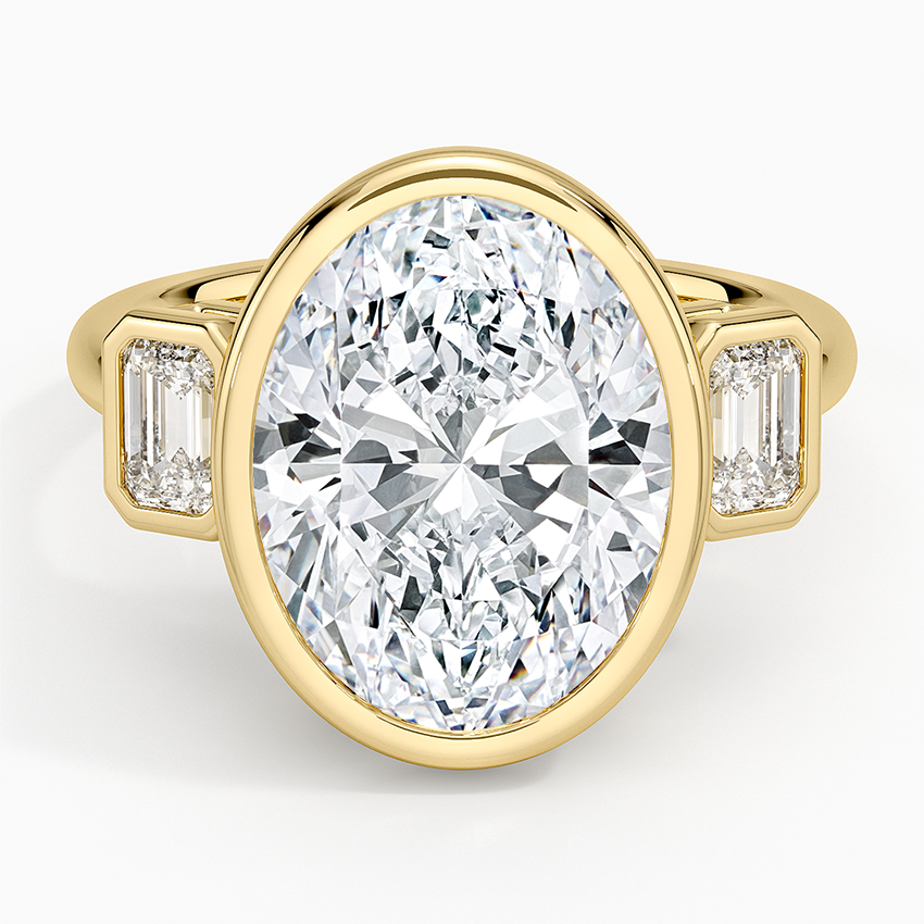 Rhiannon Bezel Three Stone Diamond Ring Yellow Gold 18k Oval Engagement Ring