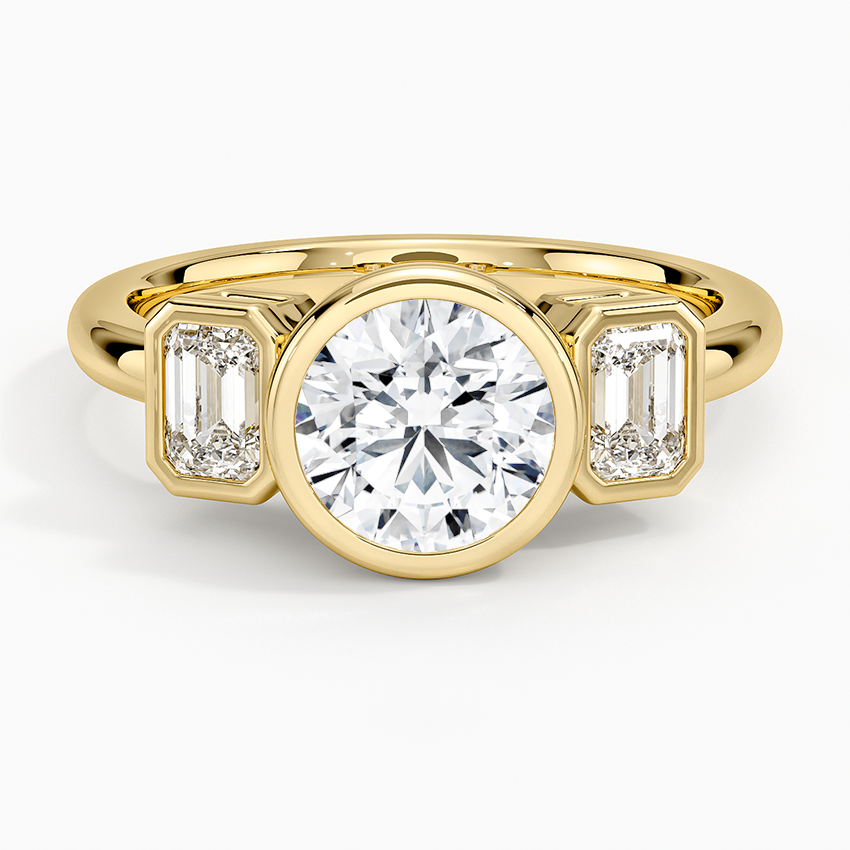 Rhiannon Bezel Three Stone Diamond Ring Yellow Gold 18k Round Engagement Ring