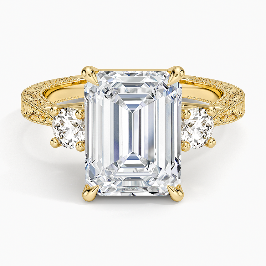 Elsie Three Stone Engraved Diamond Ring (1/3 ct. tw.) Yellow Gold 18k Emerald Engagement Ring