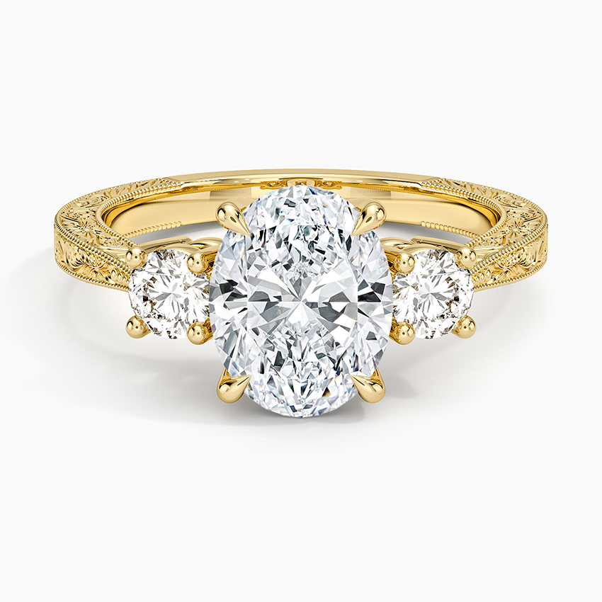 Elsie Three Stone Engraved Diamond Ring (1/3 ct. tw.) Yellow Gold 18k Oval Engagement Ring