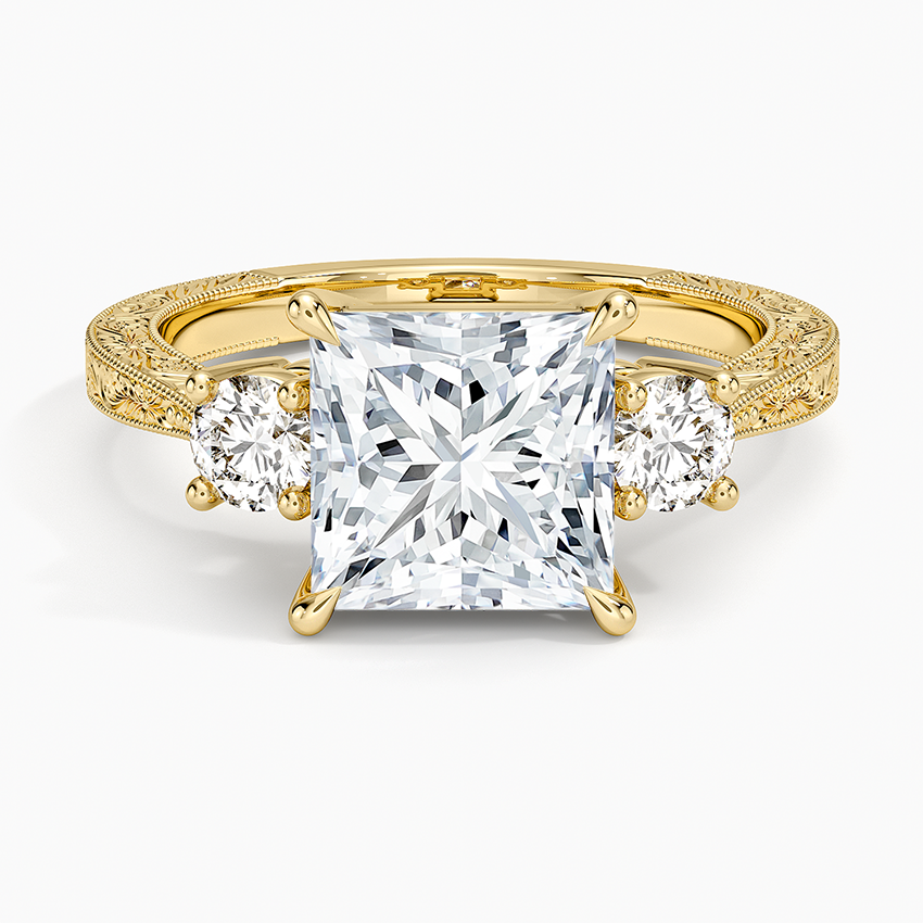 Elsie Three Stone Engraved Diamond Ring (1/3 ct. tw.) Yellow Gold 18k Princess Engagement Ring