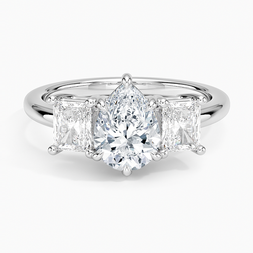 Luxe Helena Radiant-Cut Three Stone Diamond Ring Platinum Pear Engagement Ring