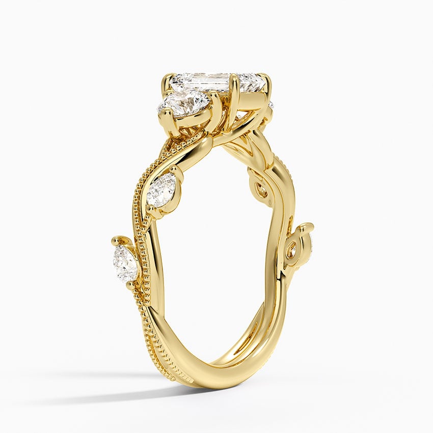Vintage Secret Garden Three Stone Diamond Ring Yellow Gold 18k Emerald Engagement Ring