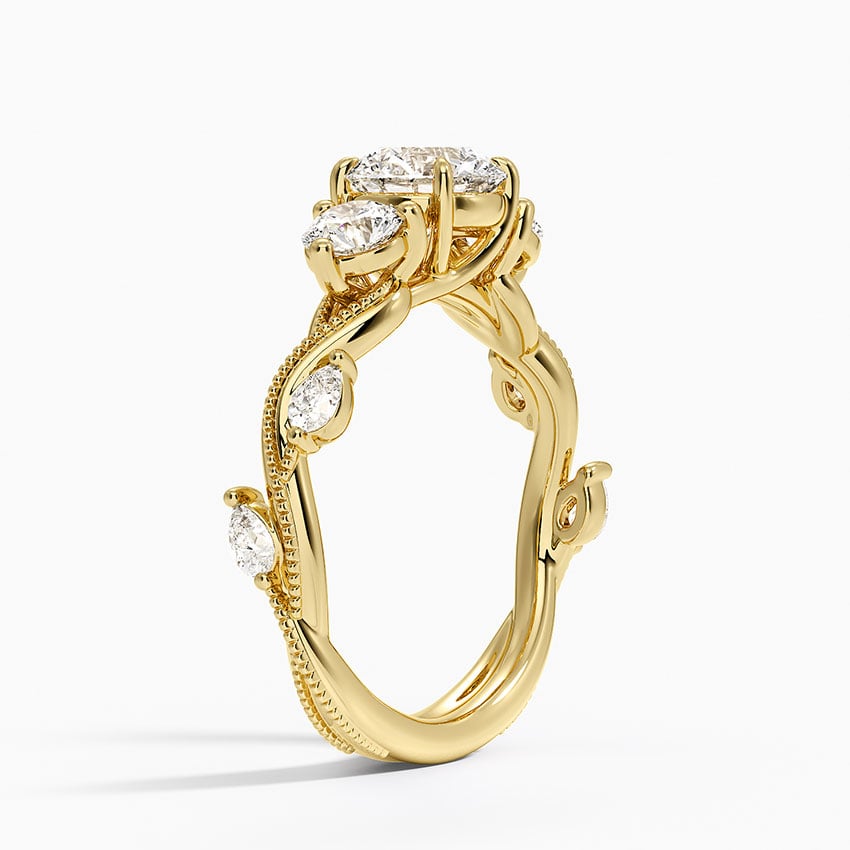 Vintage Secret Garden Three Stone Diamond Ring Yellow Gold 18k Round Engagement Ring