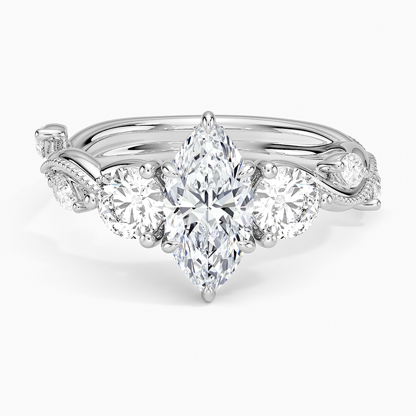 Vintage Secret Garden Three Stone Diamond Ring Platinum Marquise Engagement Ring