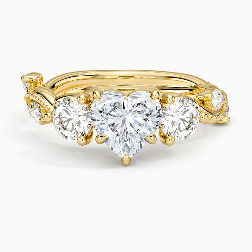 Vintage Secret Garden Three Stone Diamond Ring Yellow Gold 18k Heart Engagement Ring