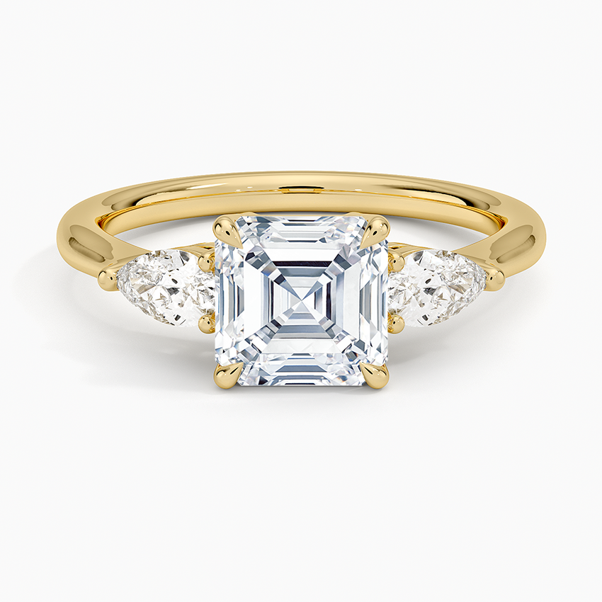 Opera Three Stone Diamond Ring Yellow Gold 18k Asscher Engagement Ring