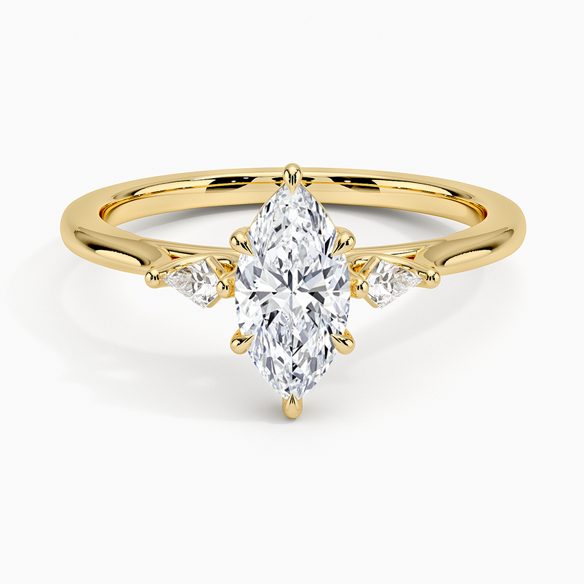 Petite Cometa Perfect Fit Three Stone Diamond Ring Yellow Gold 18k Marquise Engagement Ring