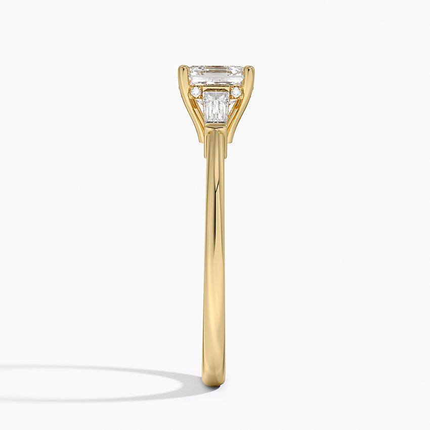 Adorned Tapered Baguette Three Stone Diamond Ring Yellow Gold 18k Asscher Engagement Ring