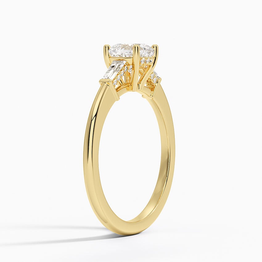 Adorned Tapered Baguette Three Stone Diamond Ring Yellow Gold 18k Cushion Engagement Ring