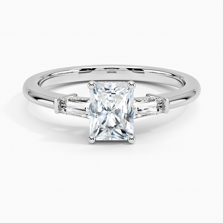 Adorned Tapered Baguette Three Stone Diamond Ring Platinum Radiant Engagement Ring