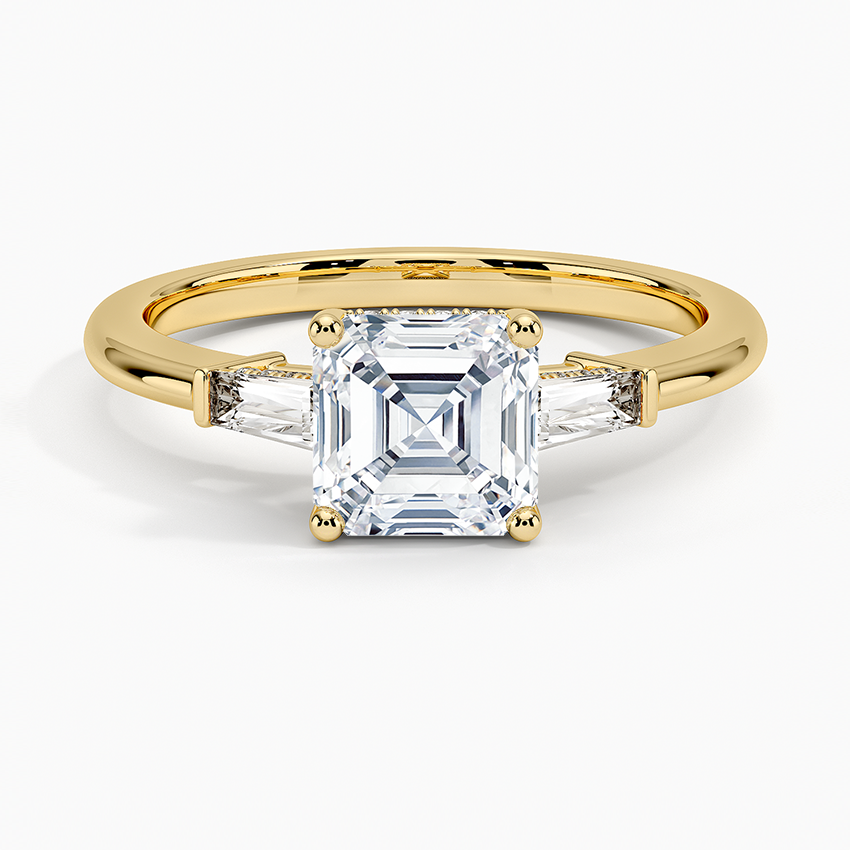 Adorned Tapered Baguette Three Stone Diamond Ring Yellow Gold 18k Asscher Engagement Ring