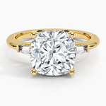 Adorned Tapered Baguette Three Stone Diamond Ring Yellow Gold 18k Cushion Engagement Ring