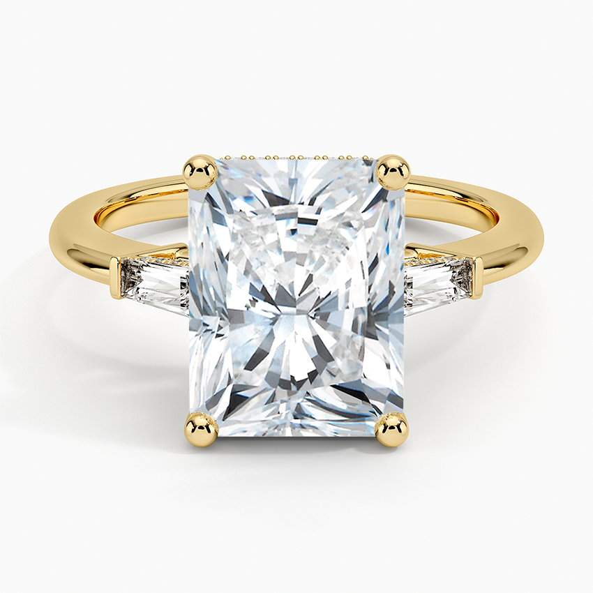 Adorned Tapered Baguette Three Stone Diamond Ring Yellow Gold 18k Radiant Engagement Ring
