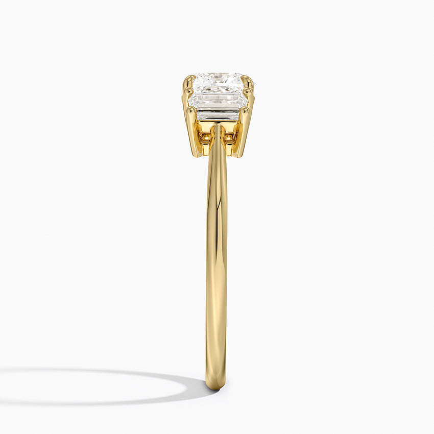 Embrace Three Stone Trapezoid Diamond Ring Yellow Gold 18k Cushion Engagement Ring