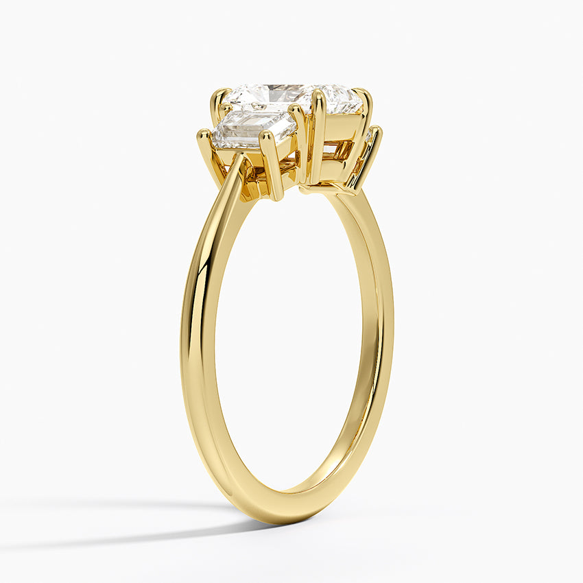 Embrace Three Stone Trapezoid Diamond Ring Yellow Gold 18k Radiant Engagement Ring