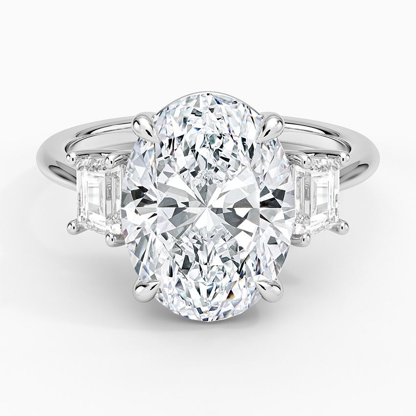 Embrace Three Stone Trapezoid Diamond Ring Platinum Oval Engagement Ring